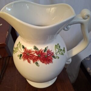 White and Red Ceramic Art Poinsettia Pitcher